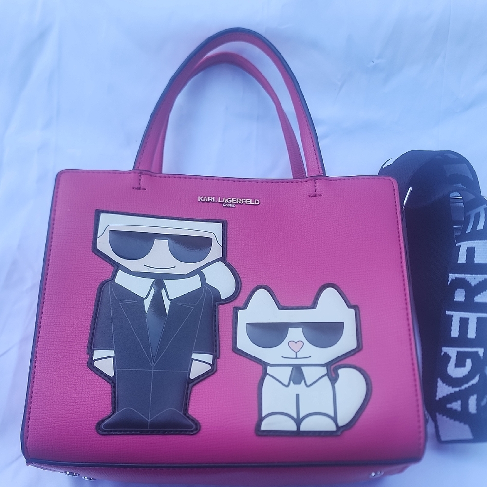 Karl Lagerfeld Hot Pink Graphic Satchel with Character Appliqués